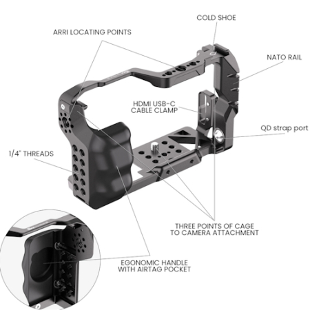 8Sinn CNZR Camera Cage for Nikon ZR - klatka operatorska do Nikon ZR (zimna stopka, NATO, ARRI) - punkty montażowe