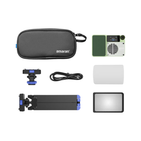 Amaran Ace 25x Kit Green - zestaw, lampa LED (Bi-Color, 2700-6500K, 32W, 4500mAh, zielona) + mini statyw + grid + torba - zawartość
