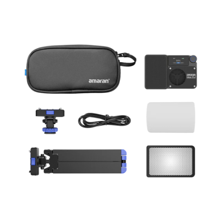 Amaran Ace 25x Kit Charcoal - zestaw, lampa LED (Bi-Color, 2700-6500K, 32W, 4500mAh, grafitowa) + mini statyw + grid + torba - zawartość