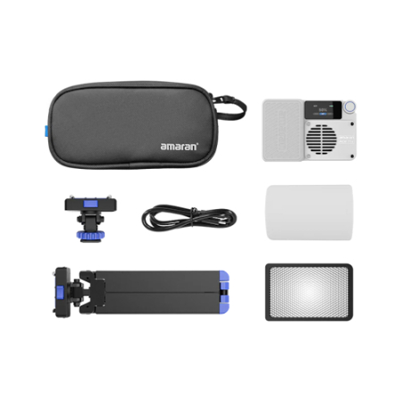 Amaran Ace 25x Kit White - zestaw, lampa LED (Bi-Color, 2700-6500K, 32W, 4500mAh, biała) + mini statyw + grid + torba - zawartość