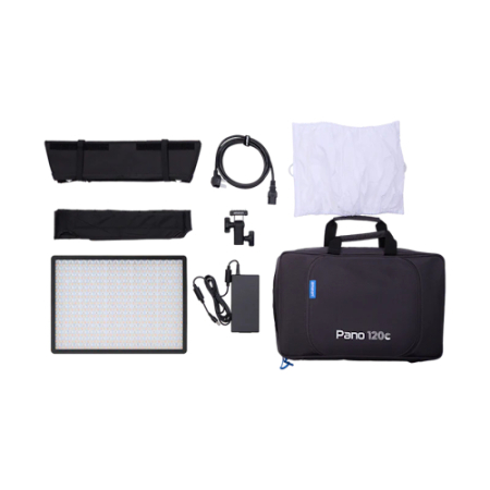 Amaran Pano 120c Kit Charcoal - lampa LED z softboxem (RGBWW, 2300-10000K, 120W, grafitowa, z akcesoriami) - zawartość
