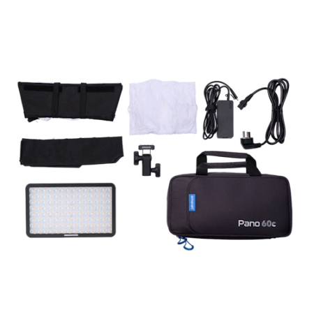 Amaran Pano 60c Kit Charcoal - lampa LED z softboxem (RGBWW, 2300-10000K, 60W, grafitowa, z akcesoriami) - zawartość