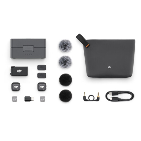 DJI Mic 3 (2 TX + 1 RX + Etui ładujące) - zestaw mikrofonów bezprzewodowych - zawartość zestawu