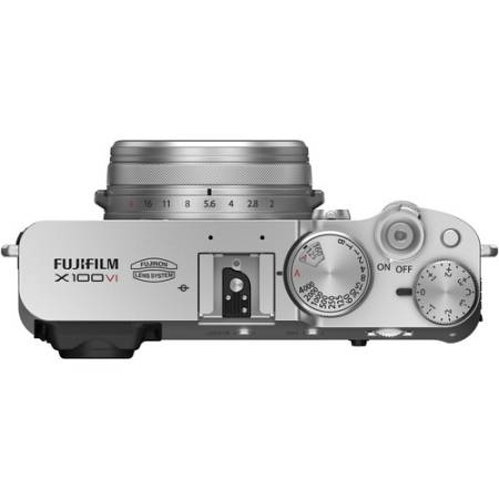 FUJIFILM X100VI - zestaw, aparat cyfrowy 40.2Mpx, APS-C + obiektyw 23mm, F2, srebrny - góra