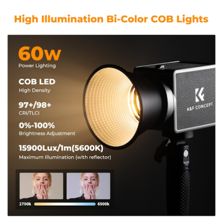 K&F Concept KF5560 PL-60B - lampa LED COB z akcesoriami (2700-6500K, Bi-Color, 60W, mocowanie FM) - tryb kolorów