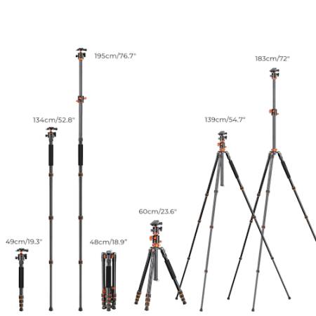 K&F Concept KF4171 - statyw T254A4 fotograficzny + głowica kulowa BH-28L (Alu, Arca, funkcja monopodu, łamany, udźwig 10kg, 49-195cm)