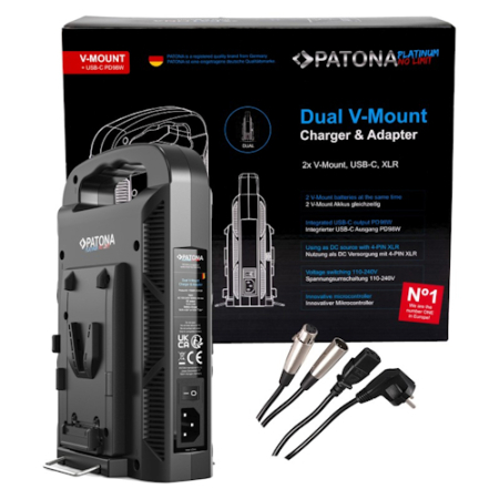 PATONA 1726 Platinum - dwukanałowa ładowarka do akumulatorów V-Mount (z kablem 4-Pin XLR, 2x 6A, USB-C, PD100W)