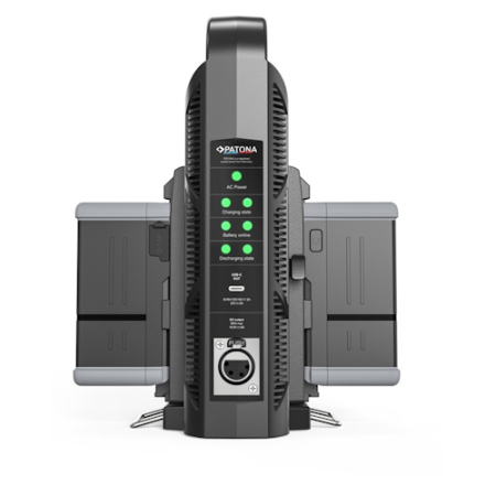 PATONA 1726 Platinum - dwukanałowa ładowarka do akumulatorów V-Mount (z kablem 4-Pin XLR, 2x 6A, USB-C, PD100W) - przykład użycia
