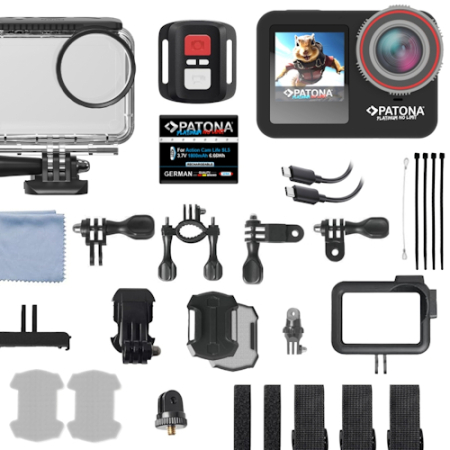 PATONA 4233 Platinum Action Cam Life SL5 - zestaw, kamera sportowa z akcesoriami (aplikacja mobilna, 6K) - zawartość zestawu