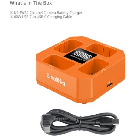 SmallRig 5749 - ładowarka czterokanałowa do akumulatorów NP-FW50, pomarańczowa - zawartość