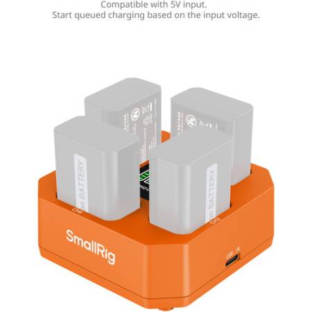 SmallRig 5749 - ładowarka czterokanałowa do akumulatorów NP-FW50, pomarańczowa - przykład użycia