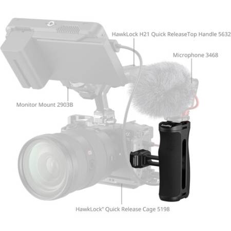 SmallRig 5951 - dwustronny uchwyt boczny do klatki operatorskiej, mocowanie NATO, szybkozłączka HawkLock H21, udźwig 10kg - przykład użycia