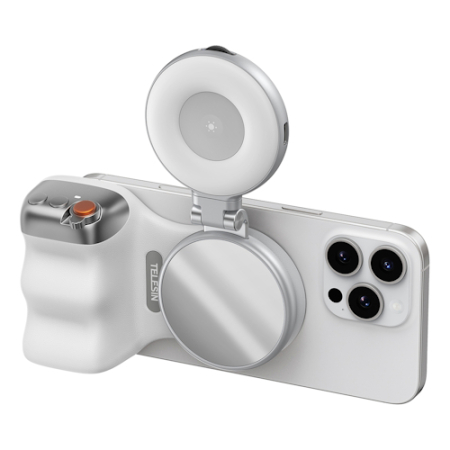 Telesin P5-MP-001WH - magnetyczny grip, uchwyt do smartfona (MagSafe, pilot BT, z wyzwalaczem), biały - przykład użycia