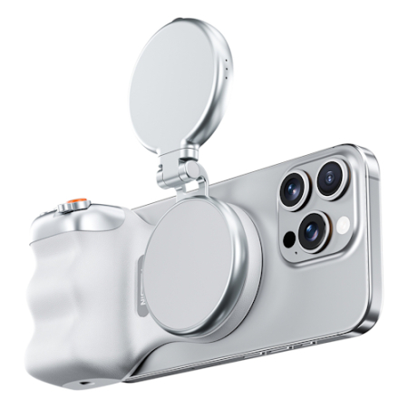 Telesin P5-MP-001WH - magnetyczny grip, uchwyt do smartfona (MagSafe, pilot BT, z wyzwalaczem), biały - przykład użycia