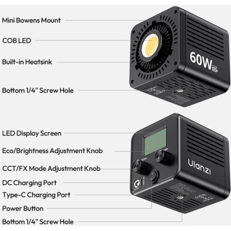 Ulanzi C60 (L269) - zestaw, lampa LED COB + strumienica z reflektorem (2500-6500K, Bi-Color, 60W, Mini Bowens)