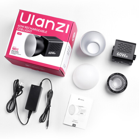 Ulanzi C60 (L269) - zestaw, lampa LED COB + strumienica z reflektorem (2500-6500K, Bi-Color, 60W, Mini Bowens) - zawartość
