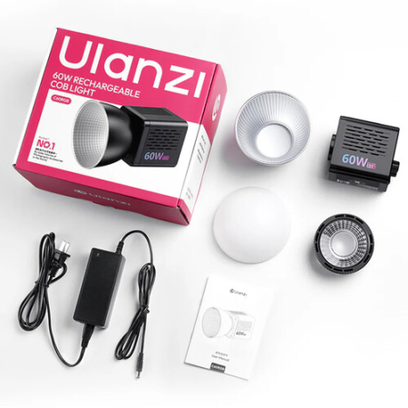 Ulanzi C60RGB (L277) - zestaw, lampa LED COB + strumienica z reflektorem (2500-6500K, RGB, 60W, Mini Bowens) - zawartość