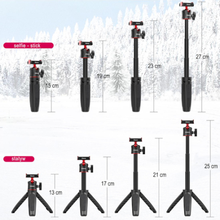 Ulanzi MT-50 - 2w1, mini statyw i selfie stick do kamer DJI Osmo Action (13-27cm) - wysokość