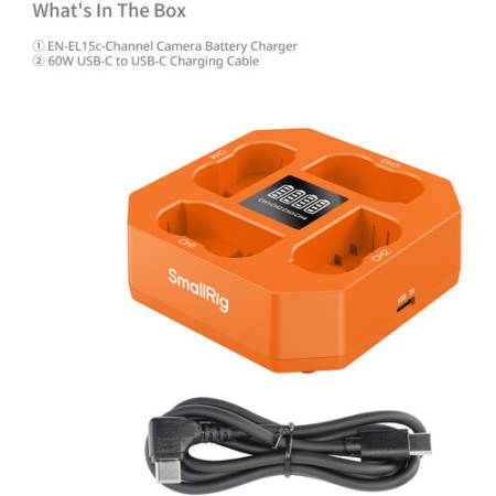 Smallrig 5747 - czterokanałowa ładowarka do akumulatorów EN-EL15c (USB-C PD 45W) - zawartość